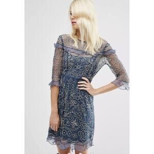 Needle & Thread Linear Butterfly Beaded Sheer Mesh Shift Dress Sz 4 India Made